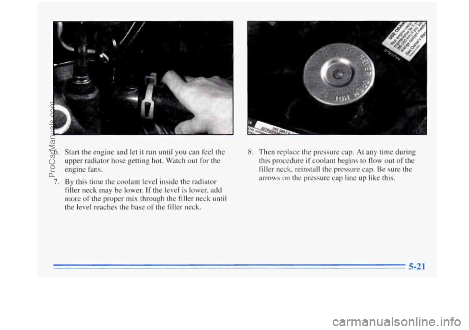 OLDSMOBILE SILHOUETTE 1996  Owners Manual 6. Start the engine and let it run until  you can feel the 
upper radiator  hose getting  hot. Watch  out for the 
engine  fans. 
7. By this time the coolant  level inside the radiator 
filler neck  m