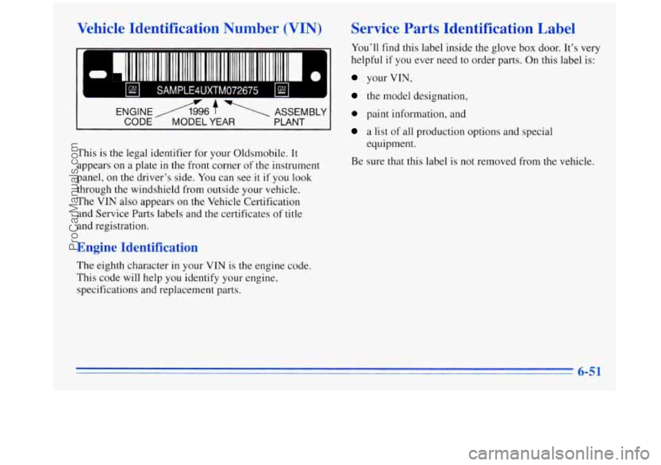 OLDSMOBILE SILHOUETTE 1996 Manual PDF Vehicle  Identification  Number  (VIN) 
0 I 11111111 1111 111 111111 111 11111111 IIIIIIIIIIII 1111 
SAMPLE4UXTM072675 I 
ENGlNE-6 f ASSEMBLY 
CODE MODEL YEAR PLANT 
This is the legal identifier for  