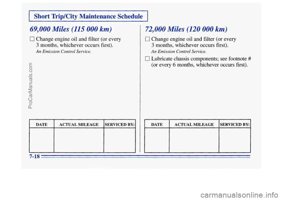 OLDSMOBILE SILHOUETTE 1996  Owners Manual I Short  Trip/City  Maintenance  Schedule I 
69,000 Miles (115 000 km) 
0 Change  engine oil and filter (or every 
3 months, whichever occurs first). 
An Emission  Control  Sewice. 
I DATE I ACTUAL MI