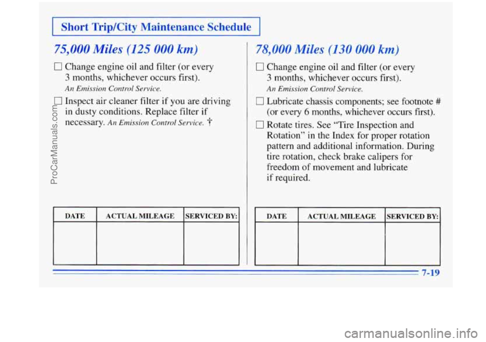 OLDSMOBILE SILHOUETTE 1996  Owners Manual I Short TripKity Maintenance  Schedu’? I 
_. 
LOO0 Miles (125 000 km) 
17 Change  engine oil and filter (or every 
3 months, whichever  occurs first). 
An Emission  Control  Service. 
0 Inspect  air