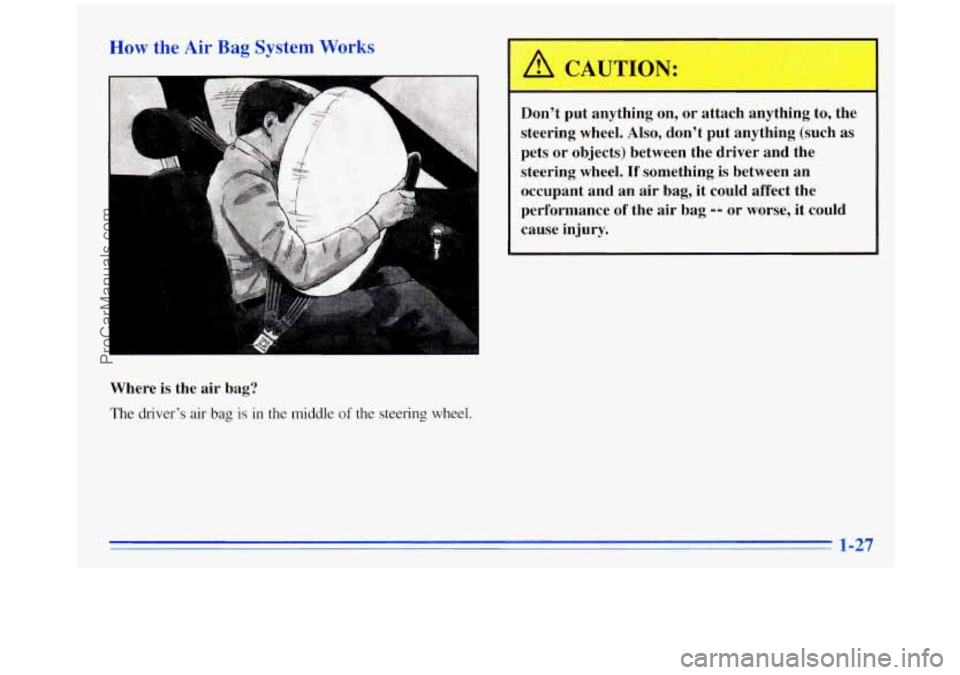 OLDSMOBILE SILHOUETTE 1996 Owners Guide How the Air Bag SysteL-- W - 1-3
Where is the air bag?
The driver’s air bag is in the middle of the steering wheel.
-.
..
-
A, LAUTION
-~ -
Don’t put anything on, or attach anything t OLDSMOBILE SILHOUETTE 1996 Owners Guide How the Air Bag SysteL-- W - 1-3
Where is the air bag?
The driver’s air bag is in the middle of the steering wheel.
-.
..
-
A, LAUTION
-~ -
Don’t put anything on, or attach anything t
