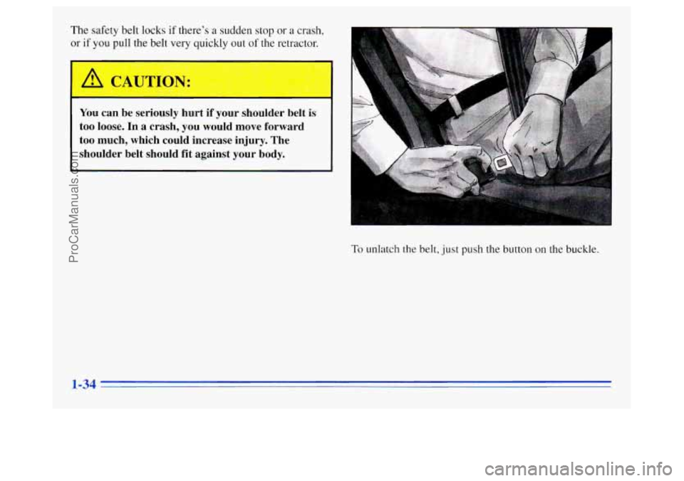 OLDSMOBILE SILHOUETTE 1996 Service Manual The safety belt locks if there’s a sudden stop or a crash,
Ir if
you pull the belt very quickly out of the retractor.
You ca;, de seriously hurt if your shoulder belt is
too loose. OLDSMOBILE SILHOUETTE 1996 Service Manual The safety belt locks if there’s a sudden stop or a crash,
Ir if
you pull the belt very quickly out of the retractor.
You ca;, de seriously hurt if your shoulder belt is
too loose.