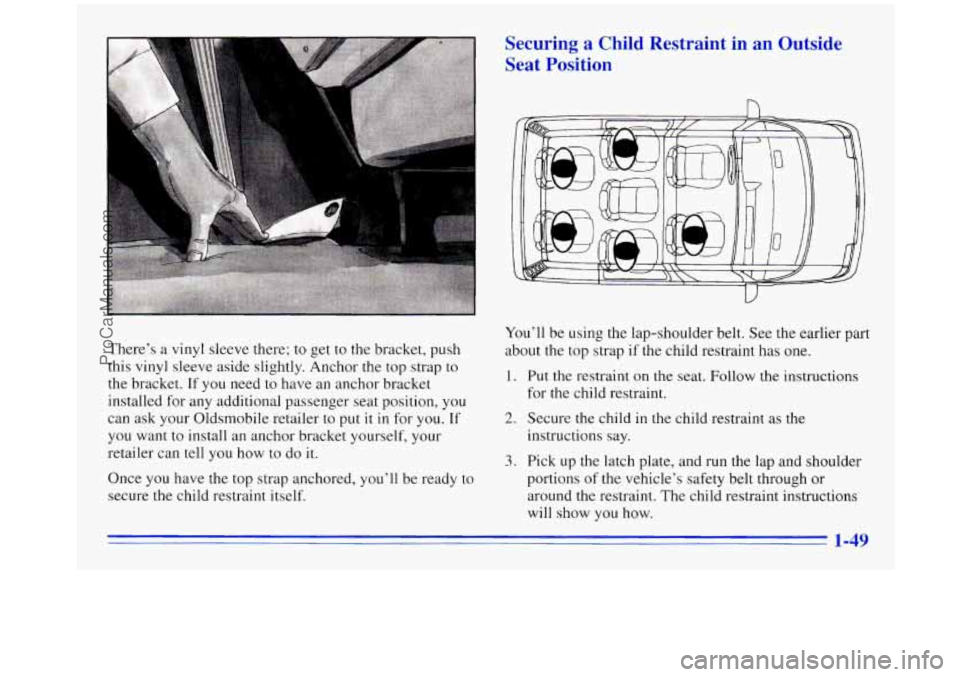 OLDSMOBILE SILHOUETTE 1996 Workshop Manual d 
Securing  a  Child  Restraint  in  an  Outside Seat  Position 
There’s  a vinyl  sleeve  there; to get to the  bracket, push 
this vinyl  sleeve  aside  slightly. Anchor the top strap to 
the  br
