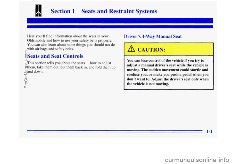 OLDSMOBILE SILHOUETTE 1996  Owners Manual Section 1 Seats  and  Restraint  Systems 
Here you’ll  find information  about the  seats in your 
Oldsmobile  and how to use  your safety belts properly. 
You  can also  learn  about  some  things 