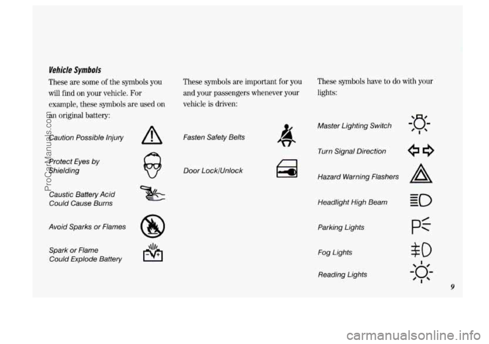 OLDSMOBILE SILHOUETTE 1993 User Guide Vehicle Symbols
These are some of the symbols you
will find on your vehicle. For
example, these symbols are used
on
an original battery: These symbols
are important
for you
and OLDSMOBILE SILHOUETTE 1993 User Guide Vehicle Symbols
These are some of the symbols you
will find on your vehicle. For
example, these symbols are used
on
an original battery: These symbols
are important
for you
and