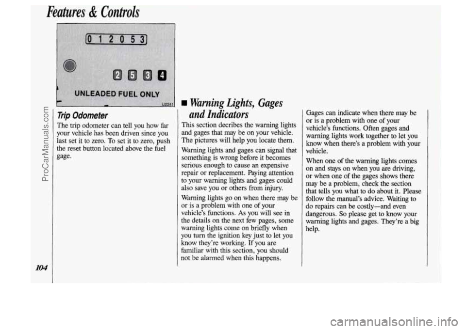 OLDSMOBILE SILHOUETTE 1993 Owners Manual Features & Controls
Trip Odometer
The trip odometer can tell you how far
your vehicle has been driven since you
last set it to zero. To set it to zero, push
the reset button OLDSMOBILE SILHOUETTE 1993 Owners Manual Features & Controls
Trip Odometer
The trip odometer can tell you how far
your vehicle has been driven since you
last set it to zero. To set it to zero, push
the reset button
