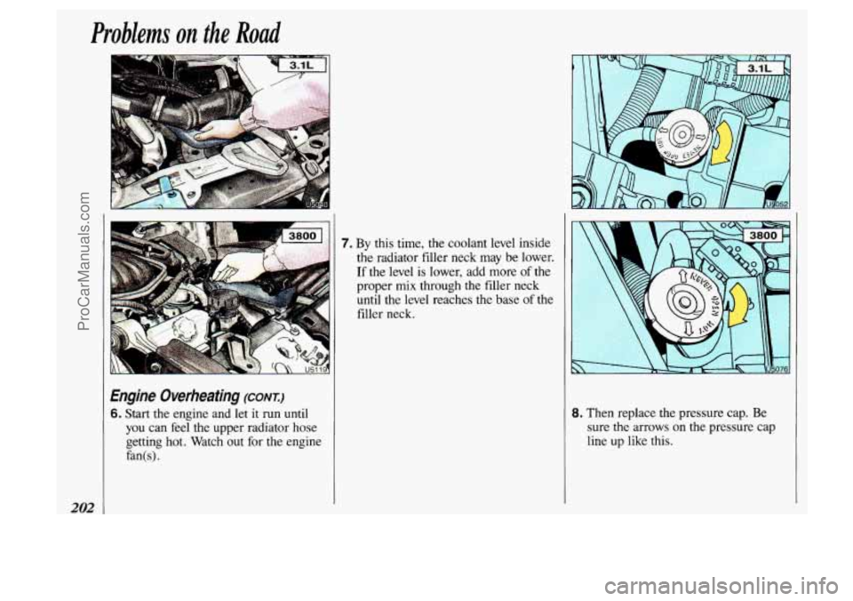 OLDSMOBILE SILHOUETTE 1993  Owners Manual Problems on the Road 
202 
P 
Engine  Overheating (CONI) 
6. Start the engine and  let it run until 
you  can  feel  the  upper  radiator  hose 
getting 
hot. Watch  out for the  engine 
fan( 
s) . 
7