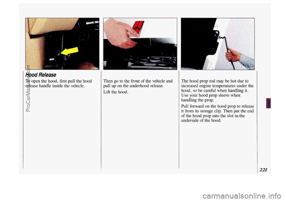 OLDSMOBILE SILHOUETTE 1993 Owners Manual Hood Release
To open the hood, first pull the hood
release handle inside the vehicle. Then go to the front
of the vehicle and
pull up
on the underhood release.
Lift the hood. The
hoo OLDSMOBILE SILHOUETTE 1993 Owners Manual Hood Release
To open the hood, first pull the hood
release handle inside the vehicle. Then go to the front
of the vehicle and
pull up
on the underhood release.
Lift the hood. The
hoo