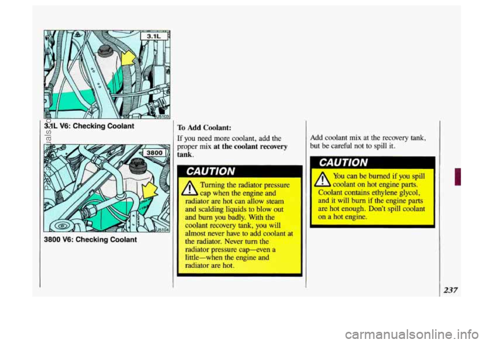OLDSMOBILE SILHOUETTE 1993 Owners Manual 3.1L V6: Checking Coolant
3800 V6: Checking Coolant
To Add Coolant:
If you need more coolant, add the Add
coolant mix at the recovery tank,
r
proper mix at the coolant recovery but OLDSMOBILE SILHOUETTE 1993 Owners Manual 3.1L V6: Checking Coolant
3800 V6: Checking Coolant
To Add Coolant:
If you need more coolant, add the Add
coolant mix at the recovery tank,
r
proper mix at the coolant recovery but