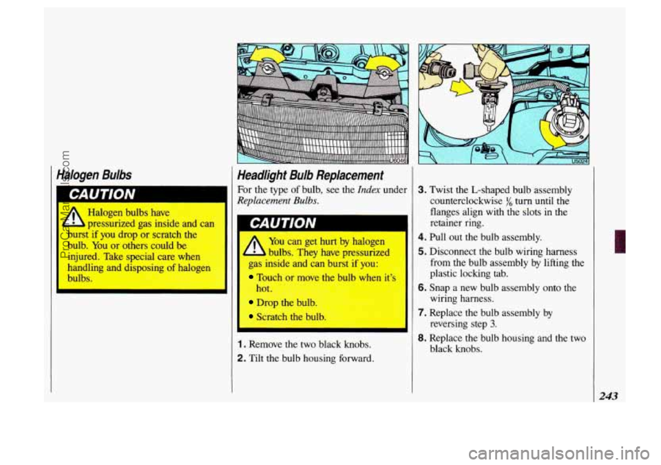 OLDSMOBILE SILHOUETTE 1993  Owners Manual Halogen  Bulbs 
Halogen bulbs have 
Headlight  Bulb  Replacement 
For the type of bulb,  see  the Index under 
Replacement  Bulbs. 
- pressurized gas inside and can 
burst 
if you  drop  or scratch 1-