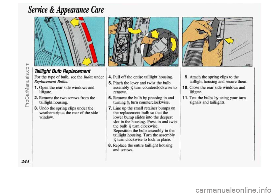 OLDSMOBILE SILHOUETTE 1993 Owners Manual Service & Appearance Care
Taillight Bulb Replacement
For the type of bulb, see the Ida under
Replacement Bulbs.
1. Open the rear side windows and
2. Remove the two screws from the
3. OLDSMOBILE SILHOUETTE 1993 Owners Manual Service & Appearance Care
Taillight Bulb Replacement
For the type of bulb, see the Ida under
Replacement Bulbs.
1. Open the rear side windows and
2. Remove the two screws from the
3.