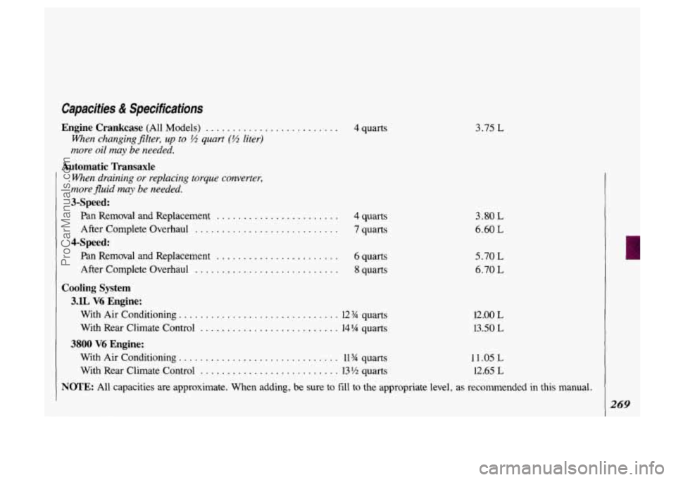 OLDSMOBILE SILHOUETTE 1993  Owners Manual Capacities & Specifications 
Engine  Crankcase (All Models) ......................... 
When  changing  filter, up to /2 quart (1/2 liter) 
more  oil 
my be  needed. 
When  draining 
or replacing  tor