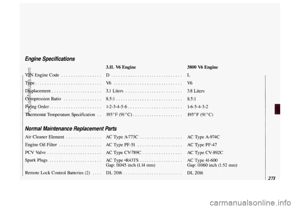 OLDSMOBILE SILHOUETTE 1993  Owners Manual Engine  Specifications 
3.lL V6 Engine 3800 V6 Engine 
VINEngineCode ................. D .............................. L 
Type 
............................ V6 ............................. V6 
Displ