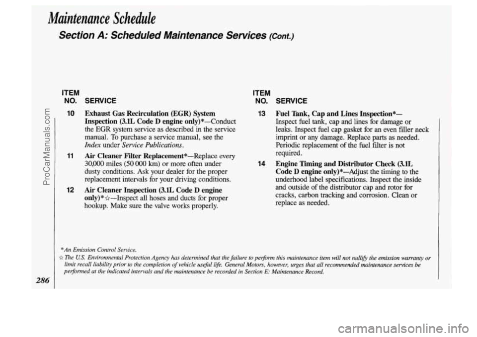 OLDSMOBILE SILHOUETTE 1993 Owners Manual Maintenance Schedule
286
ITEM
NO.
10 11
12
SERVICE
Exhaust Gas Recirculation (EGR) System
Inspection
(3.C Code D engine only)*-Conduct
the
EGR system service as described in the s OLDSMOBILE SILHOUETTE 1993 Owners Manual Maintenance Schedule
286
ITEM
NO.
10 11
12
SERVICE
Exhaust Gas Recirculation (EGR) System
Inspection
(3.C Code D engine only)*-Conduct
the
EGR system service as described in the s