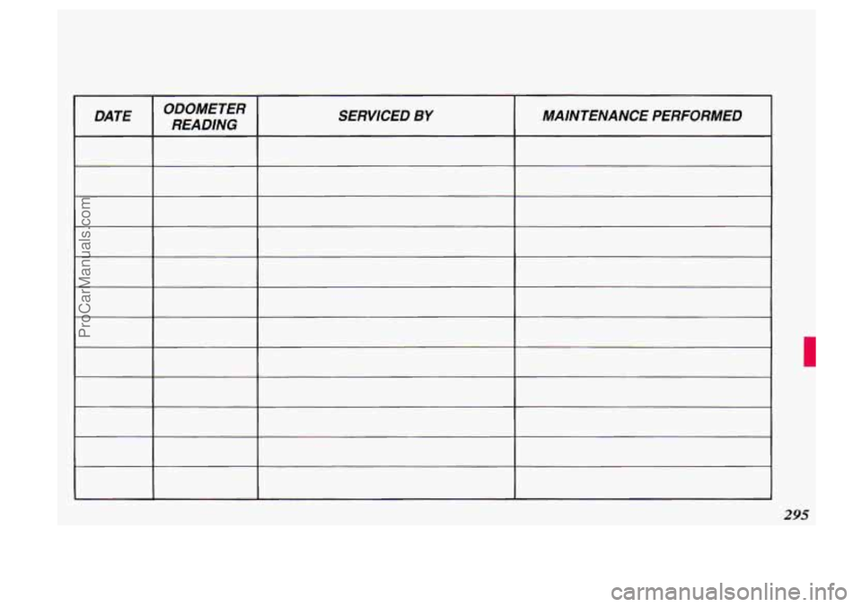 OLDSMOBILE SILHOUETTE 1993 Owners Manual DATE ODOMETER
READING SERVICED BY MAINTENANCE PERFORMED
~~~~
295
ProCarManuals.com OLDSMOBILE SILHOUETTE 1993 Owners Manual DATE ODOMETER
READING SERVICED BY MAINTENANCE PERFORMED
~~~~
295
ProCarManuals.com