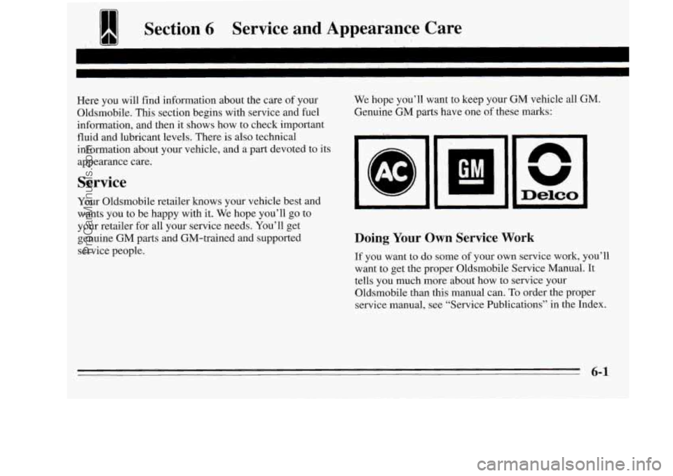 OLDSMOBILE SILHOUETTE 1995 Owners Manual bectlon 6 -Service and Appearance Care
Here you will find information about the care of your
Oldsmobile. This section begins with service and fuel
information, and then it shows how to OLDSMOBILE SILHOUETTE 1995 Owners Manual bectlon 6 -Service and Appearance Care
Here you will find information about the care of your
Oldsmobile. This section begins with service and fuel
information, and then it shows how to