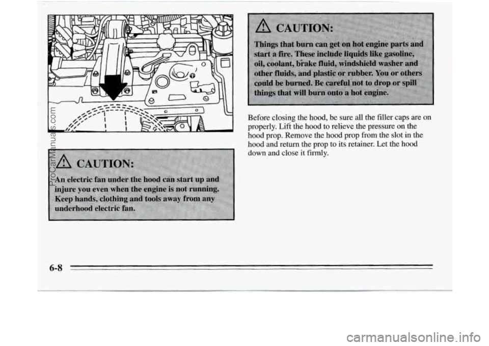OLDSMOBILE SILHOUETTE 1995 Owners Manual Before cldsing the hood, be sure all the filler caps are on
properly, Lift the hood tu relieve the pressure dn the
hood prop. Remove the hood prop from the slot in the
hood and return the prop t OLDSMOBILE SILHOUETTE 1995 Owners Manual Before cldsing the hood, be sure all the filler caps are on
properly, Lift the hood tu relieve the pressure dn the
hood prop. Remove the hood prop from the slot in the
hood and return the prop t