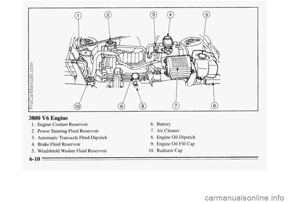 OLDSMOBILE SILHOUETTE 1995 Owners Manual P
3800 V6 Engine
1. Engine Coolant Reservoir 6. Battery
2. Power Steering Fluid Reservoir 7. Air Cleaner
3. Automatic Transaxle Fluid Dipstick 8. Engine Oil Dipstick
4. Brake Fluid Reservoir 9 OLDSMOBILE SILHOUETTE 1995 Owners Manual P
3800 V6 Engine
1. Engine Coolant Reservoir 6. Battery
2. Power Steering Fluid Reservoir 7. Air Cleaner
3. Automatic Transaxle Fluid Dipstick 8. Engine Oil Dipstick
4. Brake Fluid Reservoir 9