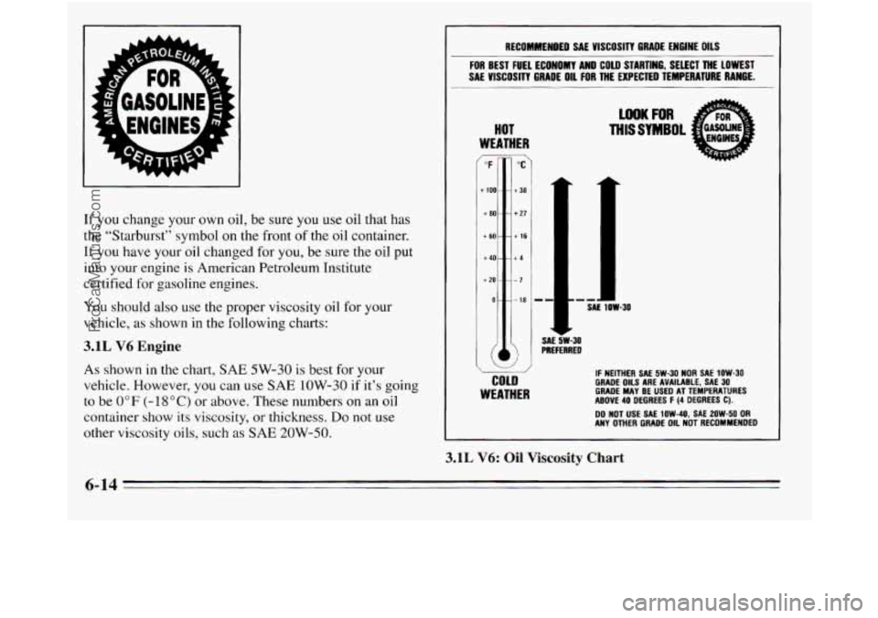 OLDSMOBILE SILHOUETTE 1995 Owners Manual If you change your own oil, be sure you use oil that has
the “Starburst” symbol
on the front of the oil container.
If you have your oil changed for you, be sure the oil put
into your OLDSMOBILE SILHOUETTE 1995 Owners Manual If you change your own oil, be sure you use oil that has
the “Starburst” symbol
on the front of the oil container.
If you have your oil changed for you, be sure the oil put
into your