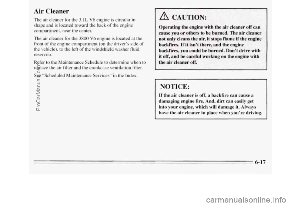 OLDSMOBILE SILHOUETTE 1995 Owners Manual Air Cleaner
The air cleaner for the 3.1L V6 engine is circular in
shape and is located toward the back of the engine
compartment, near the center.
The air cleaner for the 3800 V6 engine is OLDSMOBILE SILHOUETTE 1995 Owners Manual Air Cleaner
The air cleaner for the 3.1L V6 engine is circular in
shape and is located toward the back of the engine
compartment, near the center.
The air cleaner for the 3800 V6 engine is