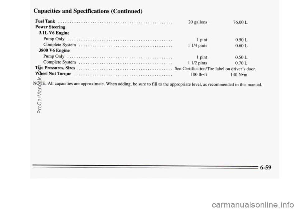 OLDSMOBILE SILHOUETTE 1995 Owners Manual Capacities and Specifications (Continued)
FuelTank ..................................................
Power Steering
3.1L V6 Engine
PumpOnly ..............................................
Com OLDSMOBILE SILHOUETTE 1995 Owners Manual Capacities and Specifications (Continued)
FuelTank ..................................................
Power Steering
3.1L V6 Engine
PumpOnly ..............................................
Com