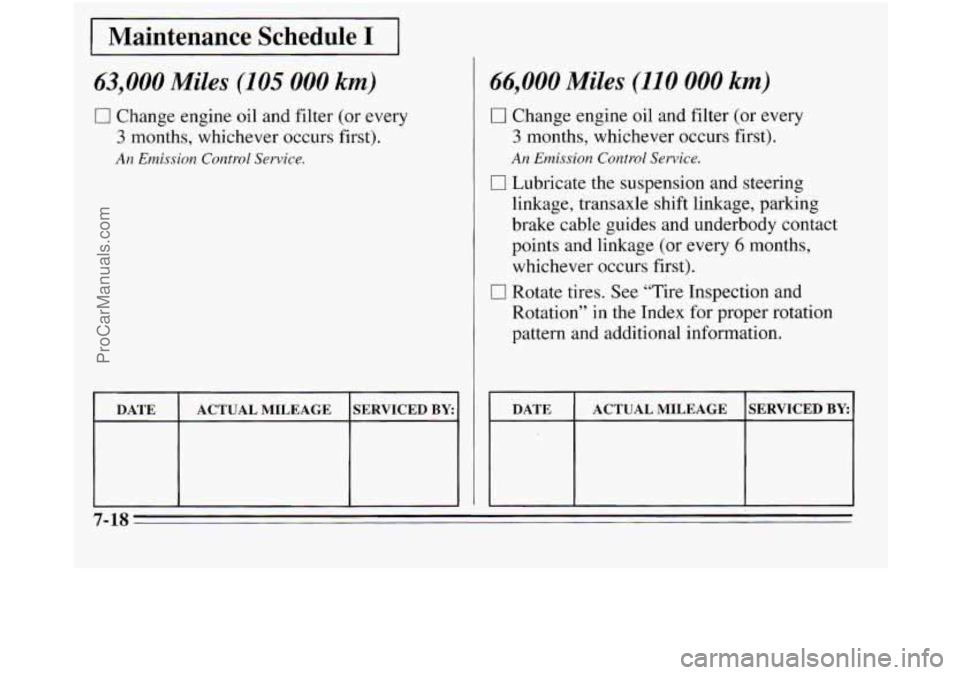 OLDSMOBILE SILHOUETTE 1995 Owners Manual I Maintenance Schedule I I
63,000 Miles (105 000 km)
CI Change engine oil and filter (or every
3 months, whichever occurs first).
An Emission Control Service.
DATE SERVICED BY ACTUAL MILEAGE OLDSMOBILE SILHOUETTE 1995 Owners Manual I Maintenance Schedule I I
63,000 Miles (105 000 km)
CI Change engine oil and filter (or every
3 months, whichever occurs first).
An Emission Control Service.
DATE SERVICED BY ACTUAL MILEAGE