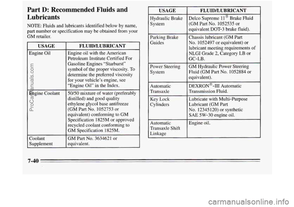 OLDSMOBILE SILHOUETTE 1995 Owners Manual Part D: Recommended Fluids and
Lubricants
NOTE: Fluids and lubricants identified below by name,
part number or specification may be obtained from your
GM retailer.
I USAGE
Engine Oil OLDSMOBILE SILHOUETTE 1995 Owners Manual Part D: Recommended Fluids and
Lubricants
NOTE: Fluids and lubricants identified below by name,
part number or specification may be obtained from your
GM retailer.
I USAGE
Engine Oil