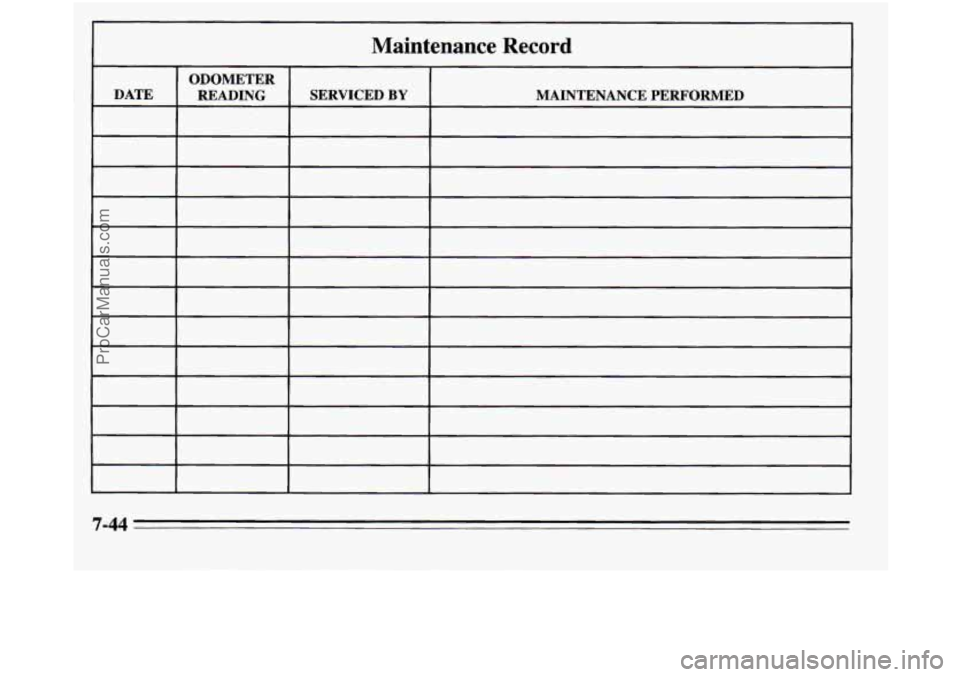 OLDSMOBILE SILHOUETTE 1995 Owners Manual Maintenance Record
ODOMETER
DATE READING SERVICED
BY IAINTENANCE PERFORMED
~
7-44
ProCarManuals.com OLDSMOBILE SILHOUETTE 1995 Owners Manual Maintenance Record
ODOMETER
DATE READING SERVICED
BY IAINTENANCE PERFORMED
~
7-44
ProCarManuals.com