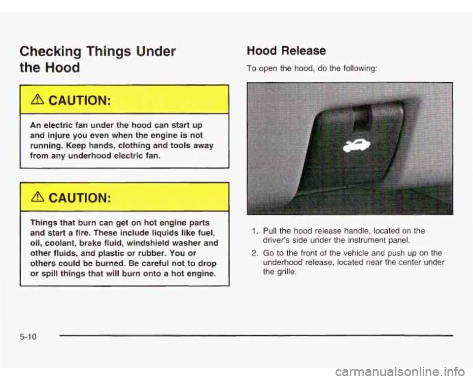 OLDSMOBILE SILHOUETTE 2003 Owners Manual Checking Things Under
the Hood Hood Release
To open the hood, do the following:
I
ACAUTION:
An electric fan under the hood can start up
and injure you even when the engine i OLDSMOBILE SILHOUETTE 2003 Owners Manual Checking Things Under
the Hood Hood Release
To open the hood, do the following:
I
ACAUTION:
An electric fan under the hood can start up
and injure you even when the engine i