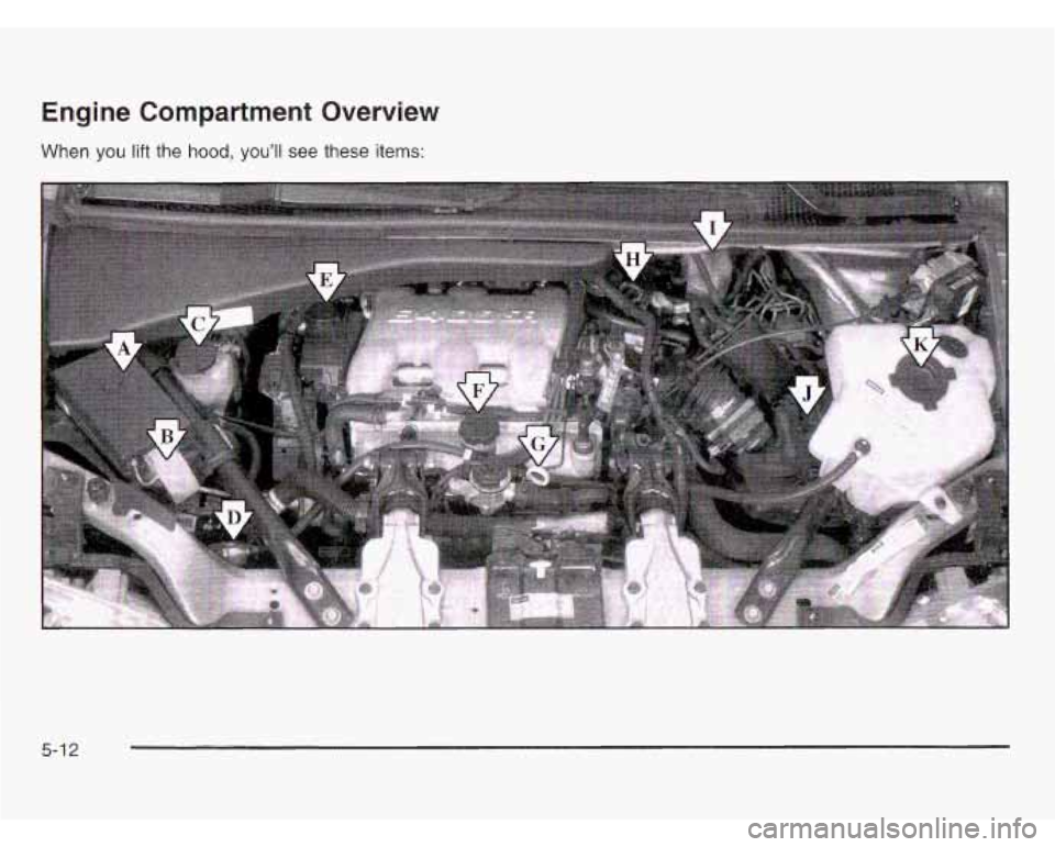 OLDSMOBILE SILHOUETTE 2003 Owners Manual Engine Compartment Overview
When you lift the hood, you’ll see these items:
5-1 2 OLDSMOBILE SILHOUETTE 2003 Owners Manual Engine Compartment Overview
When you lift the hood, you’ll see these items:
5-1 2