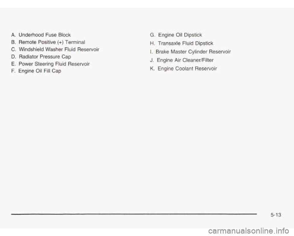 OLDSMOBILE SILHOUETTE 2003  Owners Manual A. Underhood  Fuse  Block 
B. Remote  Positive (+) Terminal 
C. Windshield  Washer Fluid Reservoir 
D.  Radiator  Pressure  Cap 
E.  Power  Steering  Fluid  Reservoir 
F. Engine  Oil Fill Cap 
G. Engi