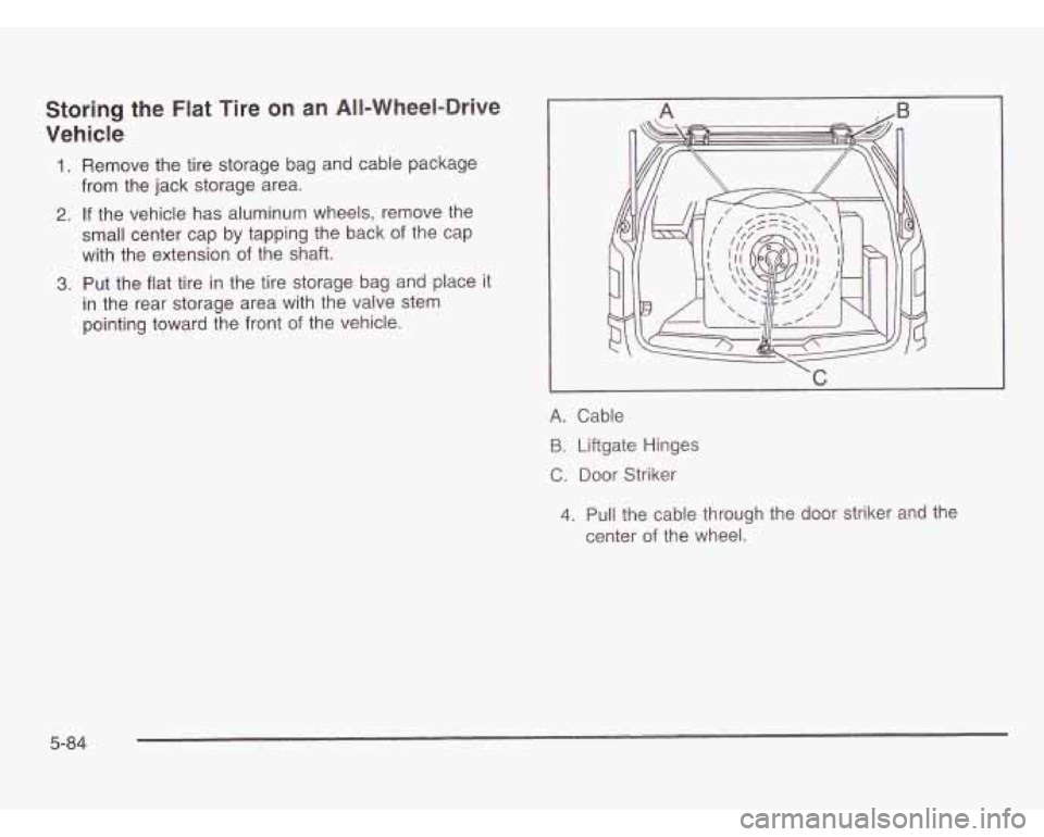 OLDSMOBILE SILHOUETTE 2003  Owners Manual Storing the Flat Tire on an All-Wheel-Drive 
Vehicle 
1. Remove  the tire storage bag and cable  package 
from  the jack  storage area. 
2. If the  vehicle  has aluminum  wheels,  remove  the 
small c