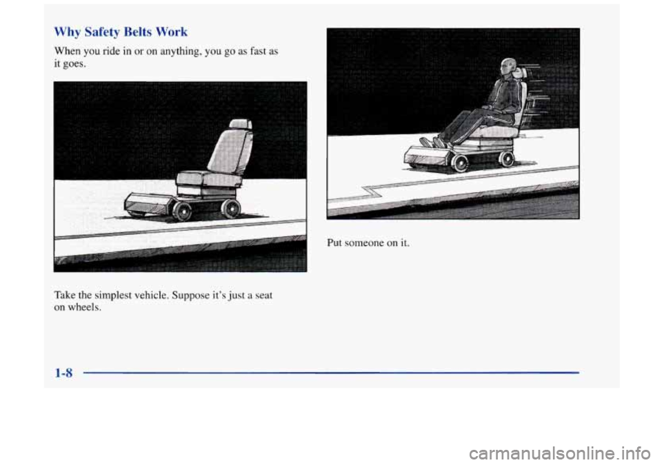 Oldsmobile Achieva 1998 s User Guide Why Safety Belts Work
When you ride in or on anything, you go as fast as
it goes.
Take the simplest vehicle. Suppose its just a seat
on wheels. Put someone
on it.
143 Oldsmobile Achieva 1998 s User Guide Why Safety Belts Work
When you ride in or on anything, you go as fast as
it goes.
Take the simplest vehicle. Suppose its just a seat
on wheels. Put someone
on it.
143