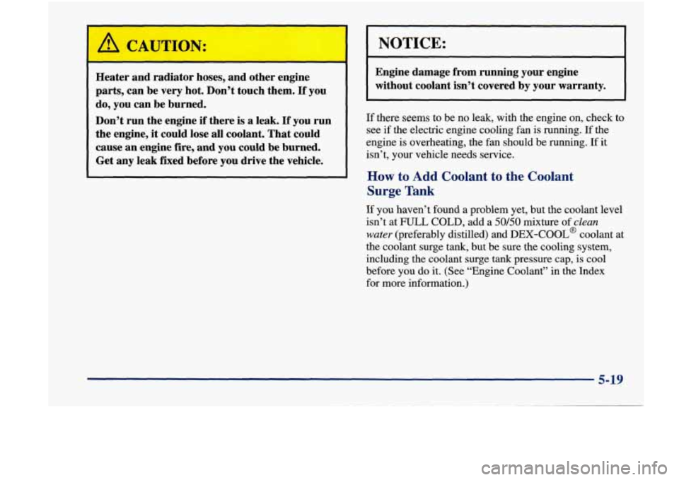 Oldsmobile Achieva 1998  Owners Manuals , ,- CAUTION: 
~ Heater and  radiator  hoses, and  other  engine 
1 parts, can be  very  hot.  Don’t  touch  them. If you 
l do,  you  can be burned. 
Don’t  run the engine 
if there  is a leak. I