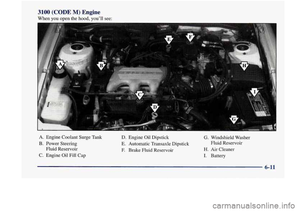 Oldsmobile Achieva 1998  Owners Manuals 3100 (CODE M) Engine 
When you open  the  hood, you’ll  see: 
I 
A. Engine  Coolant  Surge  Tank 
B.  Power  Steering  Fluid  Reservoir 
C.  Engine  Oil  Fill  Cap  D.  Engine 
Oil Dipstick 
E. Auto