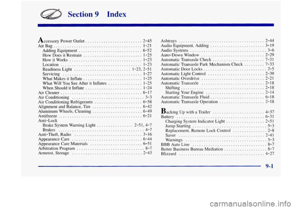 Oldsmobile Achieva 1998  s Owners Guide Section 9 Index 
Accessory  Power Outlet ......................... 2-45 
AirBag 
....................................... 1-21 
Adding  Equipment 
............................ 6-52 
How  Does it Restra