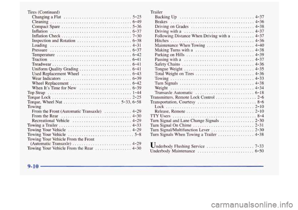 Oldsmobile Achieva 1998  s User Guide Tires (Continued) 
Changing a Flat 
.............................. 5-25 
Compact  Spare 
............................... 5-36 
Cleaning 
.................................... 6-49 
Inflation 
.........