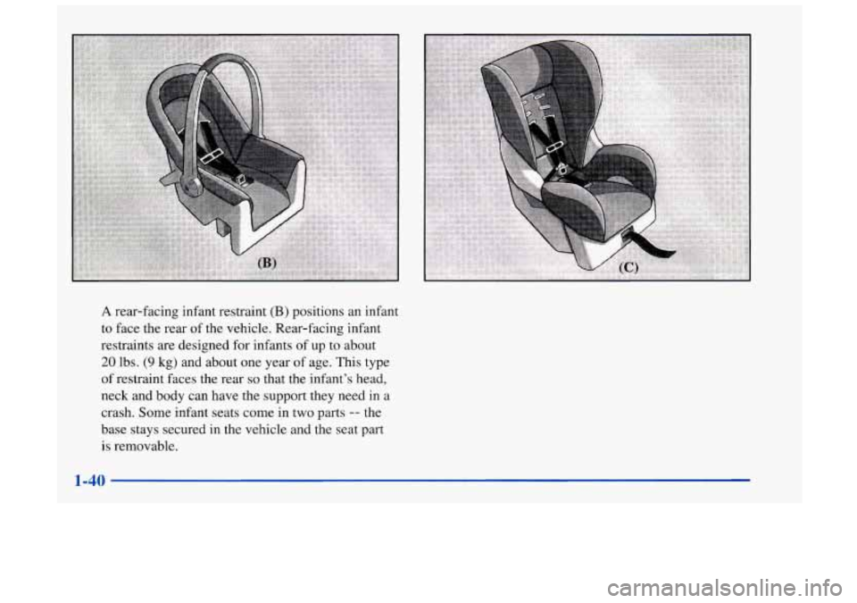 Oldsmobile Achieva 1998  s Service Manual A rear-facing infant  restraint (B) positions an infant 
to  face  the rear  of the vehicle. Rear-facing infant 
restraints are designed  for  infants of up  to about 
20 lbs. (9 kg)  and about  one y