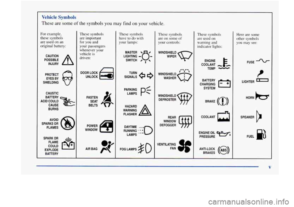 Oldsmobile Achieva 1998  Owners Manuals Vehicle Symbols 
These are some of the symbols you may find on your vehicle. 
For example, 
these symbols are  used  on  an 
original battery: 
POSSIBLE A 
CAUTION 
INJURY 
PROTECT  EYES  BY 
SHIELDIN