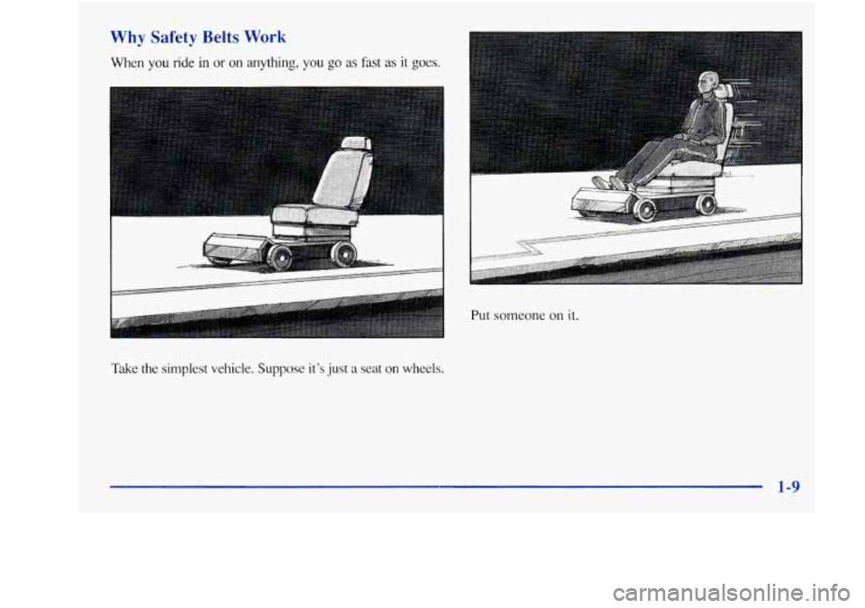 Oldsmobile Achieva 1997  Owners Manuals Why  Safety  Belts Work 
When  you ride in or  on anything,  you go as fast as it goes. 
~~  ~  ~~~ 
Take  the  simplest  vehicle.  Suppose its just a seat on wheels. 
Put someone on it. 
1-9  