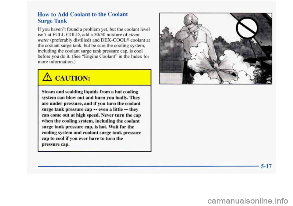 Oldsmobile Achieva 1997  Owners Manuals How to Add Coolant to the Coolant 
Surge Tank 
If you haven’t found a problem yet, but the coolant level 
isn’t at 
FULL COLD,  add a 50/50 mixture of clean 
water (preferably distilled) and  DEX-