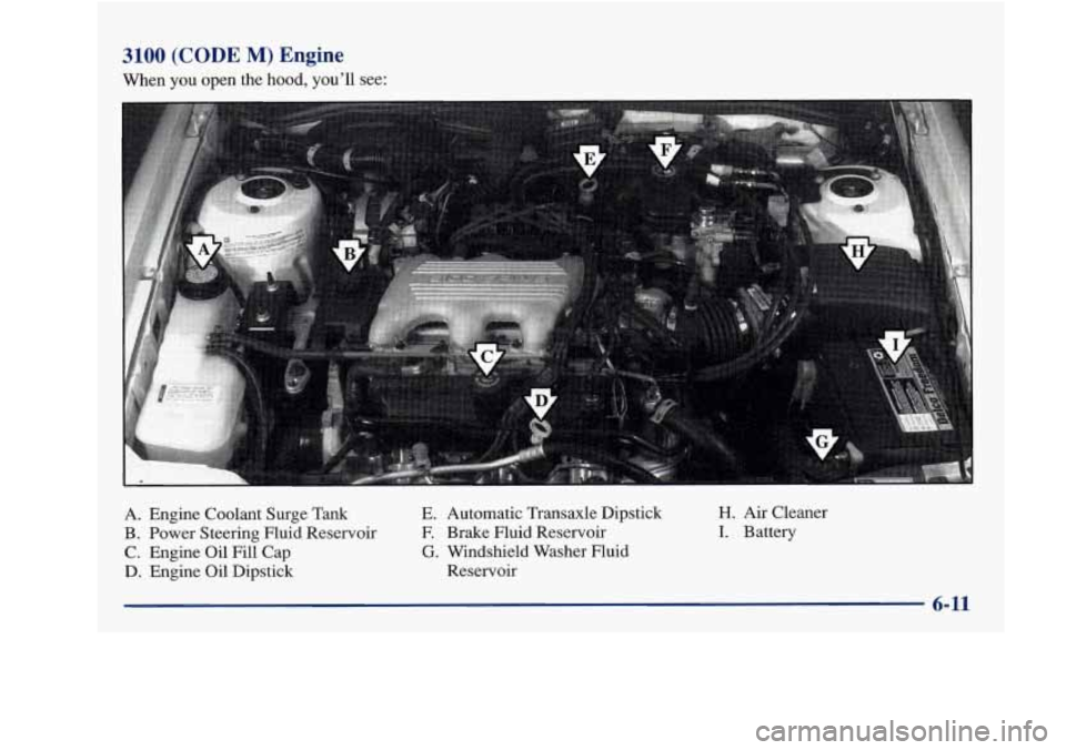Oldsmobile Achieva 1997  Owners Manuals 3100 (CODE M) Engine 
When you open the hood, youll see: 
A. Engine Coolant Surge Tank 
B. Power Steering Fluid Reservoir 
C.  Engine 
Oil Fill  Cap 
D.  Engine  Oil Dipstick  E. 
Automatic  Iransax