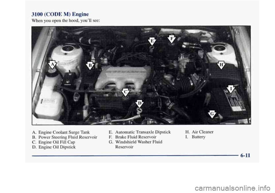 Oldsmobile Achieva 1997 Owners Manuals 3100 (CODE M) Engine
When you open the hood, youll see:
A. Engine Coolant Surge Tank
B. Power Steering Fluid Reservoir
C. Engine
Oil Fill Cap
D. Engine Oil Dipstick E.
Automatic Iransax Oldsmobile Achieva 1997 Owners Manuals 3100 (CODE M) Engine
When you open the hood, youll see:
A. Engine Coolant Surge Tank
B. Power Steering Fluid Reservoir
C. Engine
Oil Fill Cap
D. Engine Oil Dipstick E.
Automatic Iransax