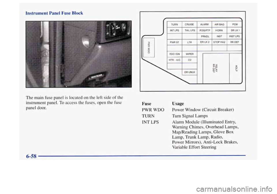 Oldsmobile Achieva 1997  Owners Manuals Instrument Panel Fuse Block 
I 
The main fuse panel is located on the left side  of  the 
instrument panel. 
To access the  fuses, open the  fuse 
panel door. Fuse  Usage 
PWR WDO  Power Window  (Circ