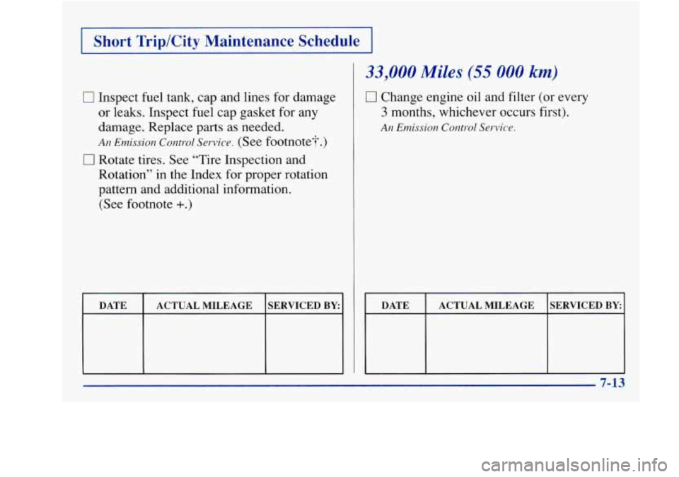 Oldsmobile Achieva 1997  Owners Manuals I Short Trip/City  Maintenance  Schedule I 
0 Inspect  fuel  tank,  cap  and lines  for  damage 
or  leaks.  Inspect  fuel  cap  gasket for any 
damage.  Replace parts as needed. 
An Emissior?  Contro