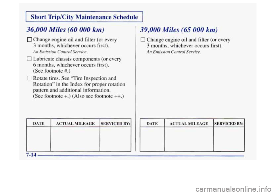 Oldsmobile Achieva 1997  Owners Manuals I Short  Trip/City  Maintenance  Schedule I 
36,000 Miles (60 000 km) 
Change engine oil and filter (or every 
3 months, whichever occurs first). 
An Emission  Control Service. 
0 Lubricate chassis co