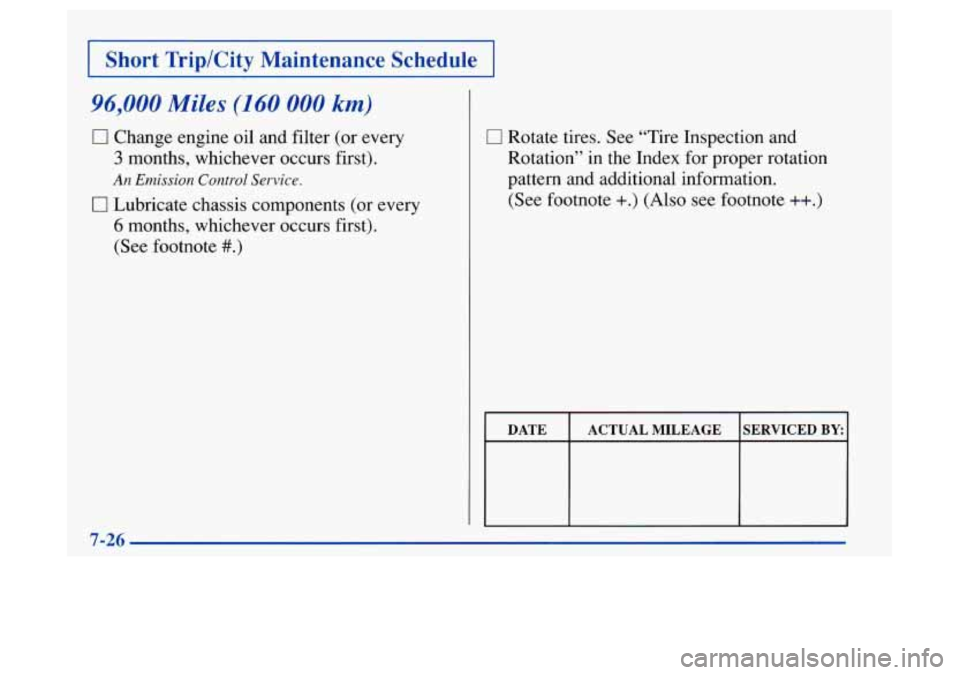 Oldsmobile Achieva 1997  Owners Manuals I Short  TriplCity  Maintenance  Schedule I 
96,000 Miles (160 000 km) 
0 Change  engine oil and  filter (or every 
3 months,  whichever  occurs  first). 
An Emission  Control  Service. 
0 Lubricate  