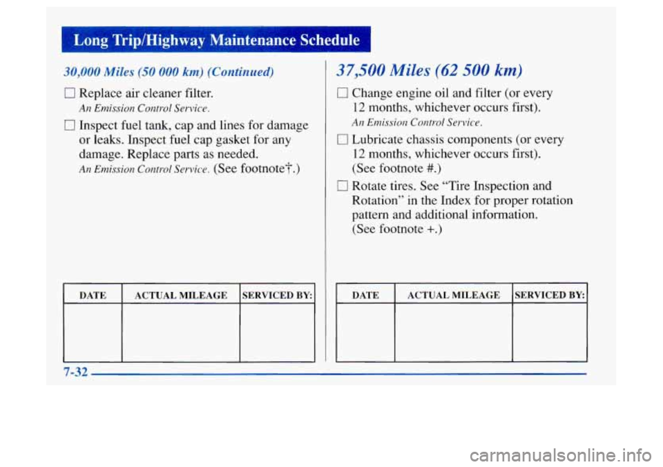 Oldsmobile Achieva 1997  Owners Manuals Long  Trip/Highway  Maintenance  Schedule 
30,000 Miles (50 000 km) (Continued) 
0 Replace air cleaner filter. 
An Emission  Control Service. 
El Inspect fuel tank, cap and  lines for damage 
or leaks