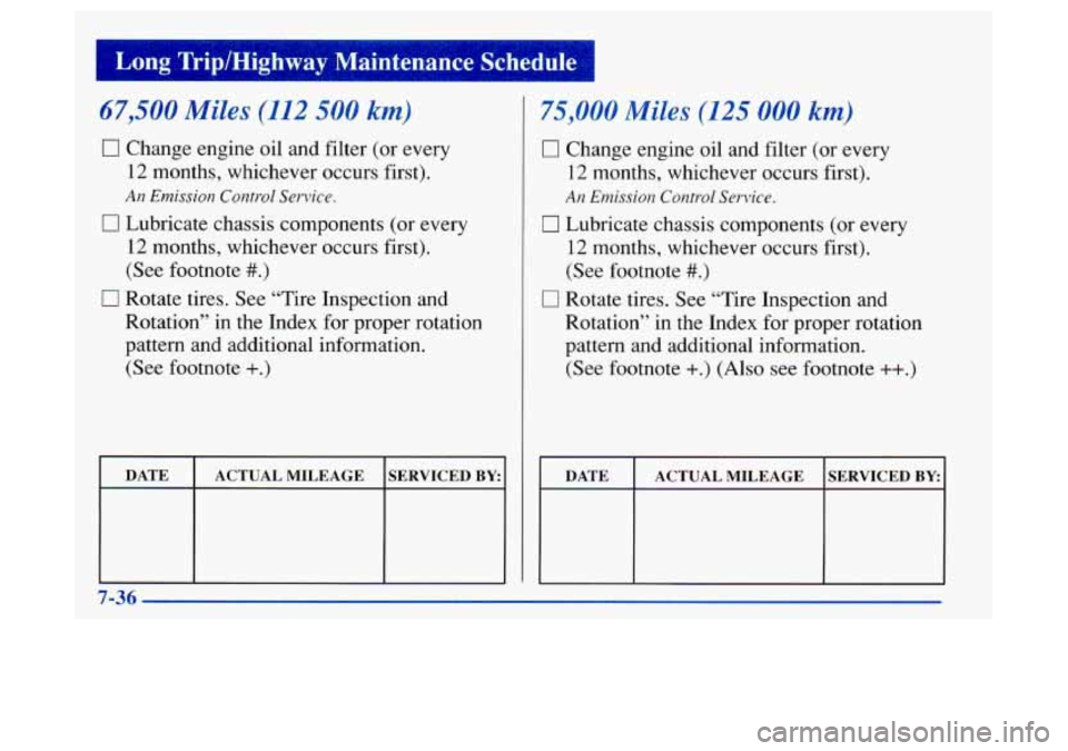 Oldsmobile Achieva 1997  Owners Manuals -kg Trip/Highway  Maintenance  Schedule I 
.. . 
67,500 Miles (112 500 km) 
0 Change engine oil and  filter  (or  every 
12 months,  whichever  occurs  first). 
AII Emission Control Service. 
0 Lubric