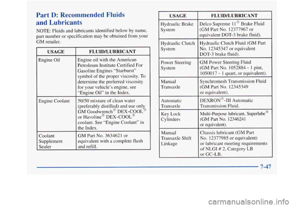 Oldsmobile Achieva 1997  Owners Manuals Part D: Recommended Fluids 
and  Lubricants 
NOTE:  Fluids and lubricants  identified below  by name, 
part  number  or  specification  may be obtained  from your 
GM  retailer. 
USAGE 
Engine  Oil 
E